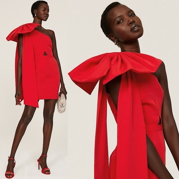 TOCCIN Red Bow Detail One Shoulder Sleeveless Front Cutout Mini Sheath Dress 4 - Picture 1 of 8